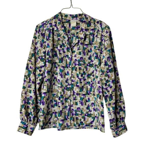Bleyle VINTAGE teal purple cream block abstract print button up blouse LARGE - Picture 1 of 7